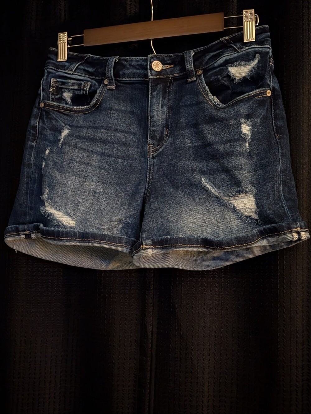 KanCan Dark Blue Distressed Rolled Hem Denim Shorts